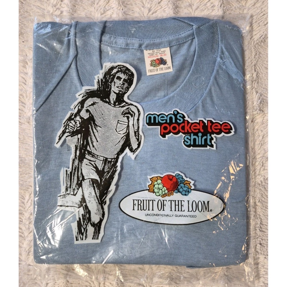 Vintage 1981 Fruit Of The Loom Pocket T Shirt Mens Medium Light Blue Made In USA